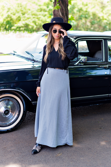 01 saia midi evase com xadrez texturizado