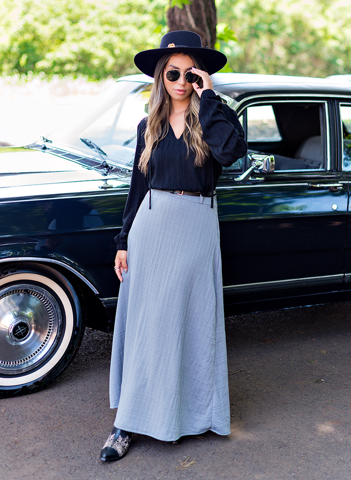 01 saia midi evase com xadrez texturizado