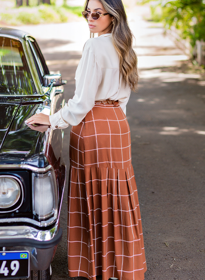 Saia Longa Xadrez Sereia Com Pregas