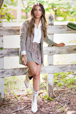 01 conjunto tweed com blazer alongado e mini saia