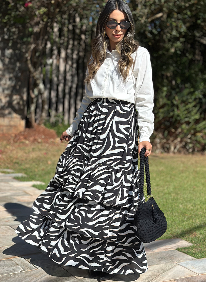 Saia Longa Em Babados Com Estampa De Zebra MariaPoá