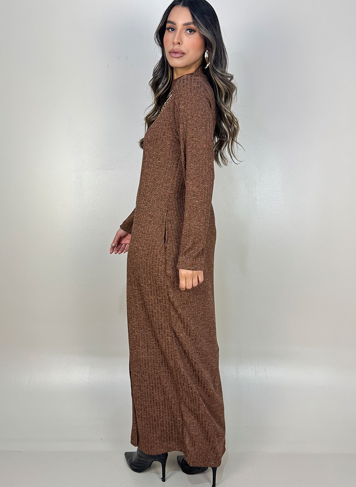 12 vestido longo de gola alta em malha canelada