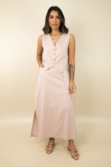 01 conjunto linho colete e saia midi