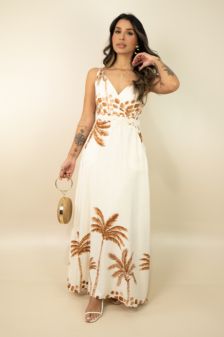 01 vestido longo leve de alcinha com estampa em barrado