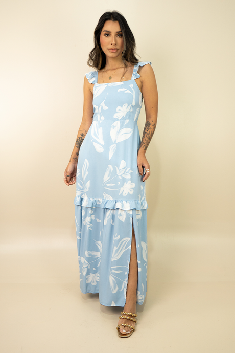 05 vestido longo com babados e estampa em folhagem