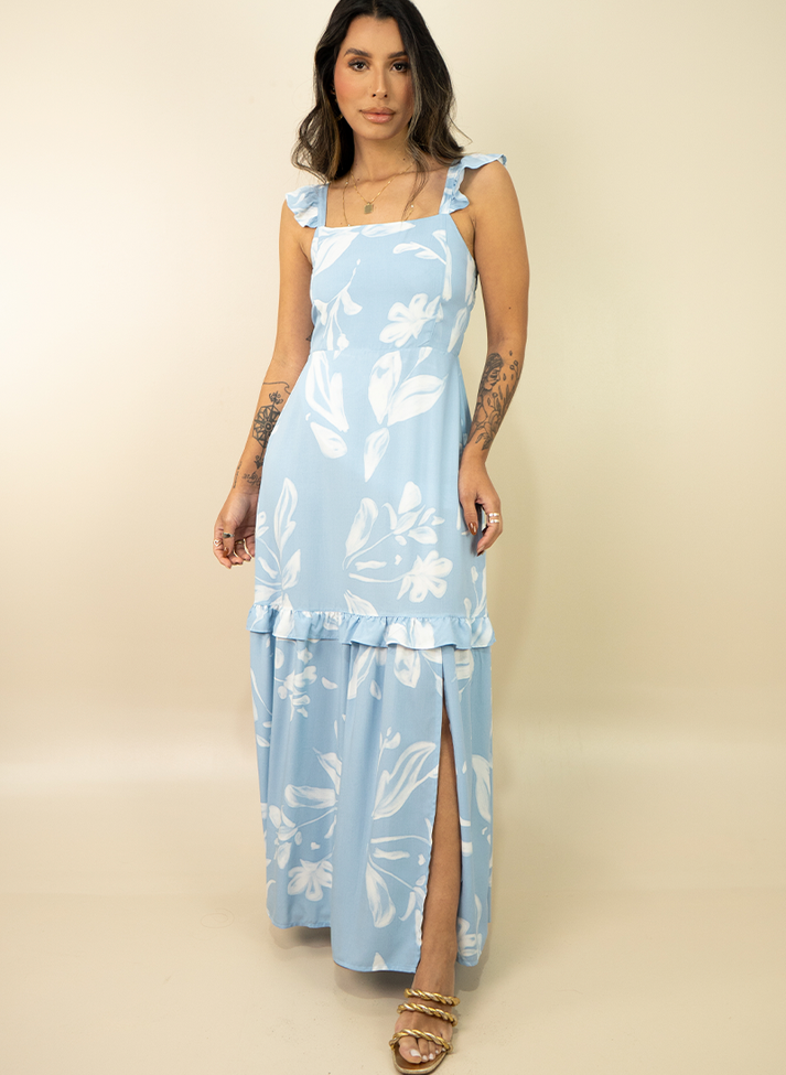 05 vestido longo com babados e estampa em folhagem