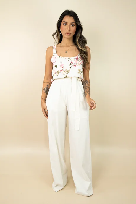 01 conjunto linho cropped floral e calca pantalona lisa