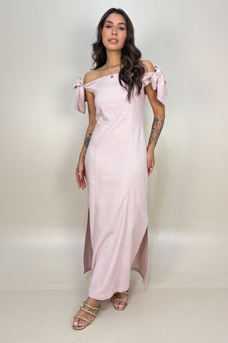 02 vestido longo em linho ombro a ombro com amarracao
