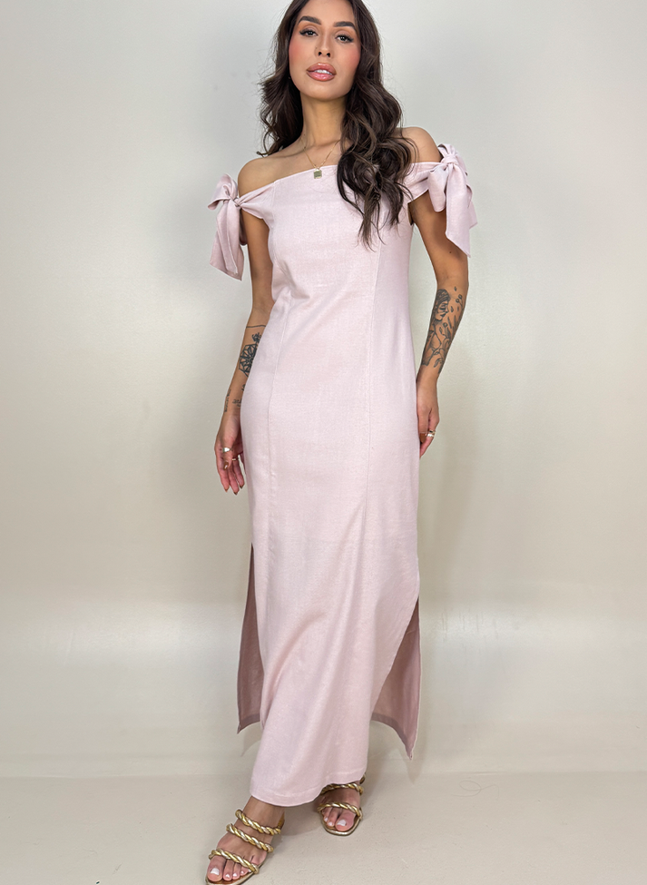 02 vestido longo em linho ombro a ombro com amarracao