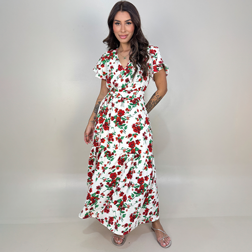 01 vestido longo floral com mangas gode e babado