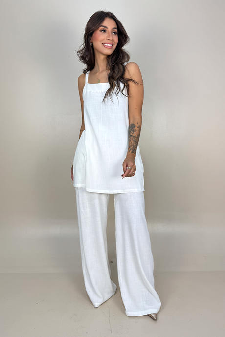 01 conjunto linho misto blusa de alcinha e calca pantalona