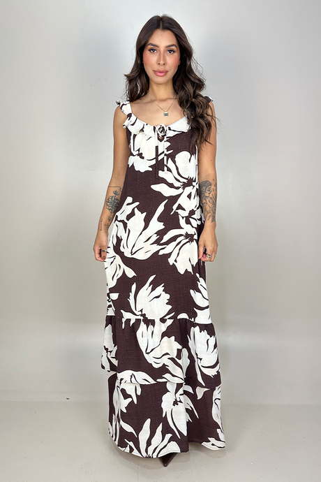 02 vestido longo estampa maxi folhagem com detalhes em babados